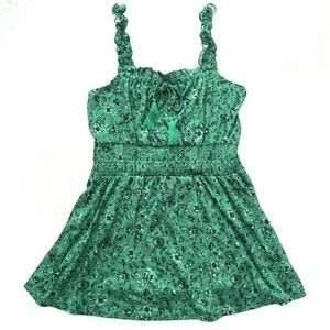 Lily Morgan Mini Dress Floral S Royal Green Black Tie Front Smocked Waist